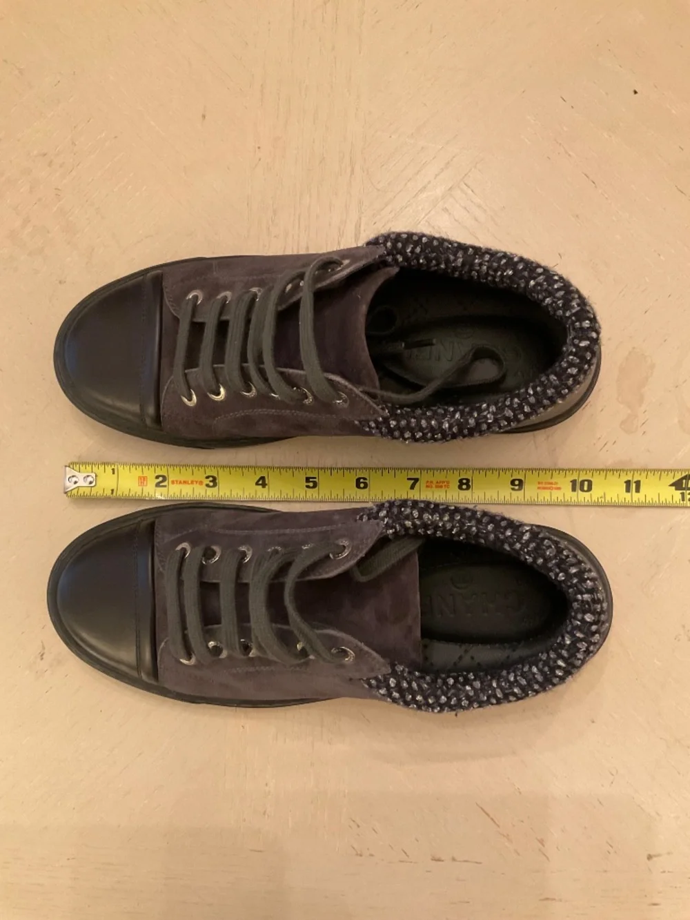 CHANEL Grey Gray Black Suede Tweed Low Top Lace Up Sneaker Shoes 37.5
